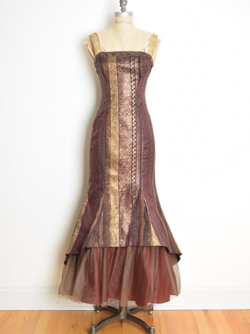 vintage 90s prom dress metallic brocade mermaid hem tulle party gown Zum Zum XS